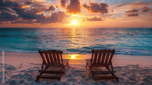 As the sun sets over the water, beachgoers lounge on the sand, creating a stunning scene.