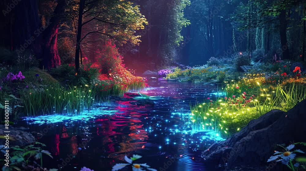 Enchanted forest with glowing elements creating a fantastical and magical landscape under a starry night sky
 seamless looping 4k time-lapse virtual video animation background. generated ai