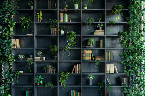 Contemporary style bookshelf decorated with green plants close up
