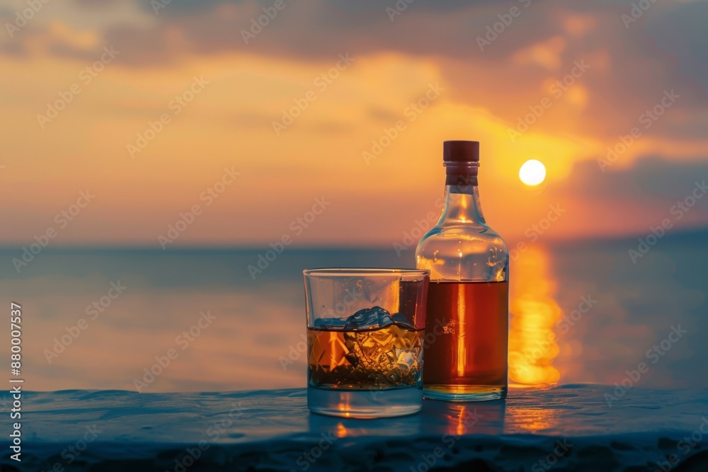 Bottle and glass of Whisky on a table with beach sea and sunset in background Bottle and glass of Whisky on a table with beach sea and sunset in background
