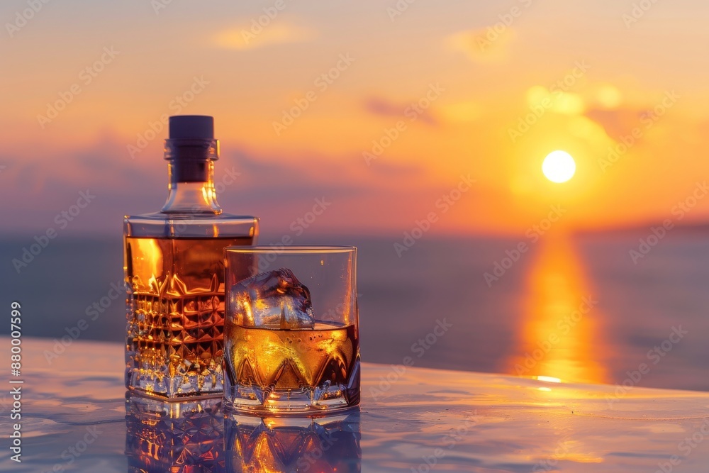 Bottle and glass of Whisky on a table with beach sea and sunset in background