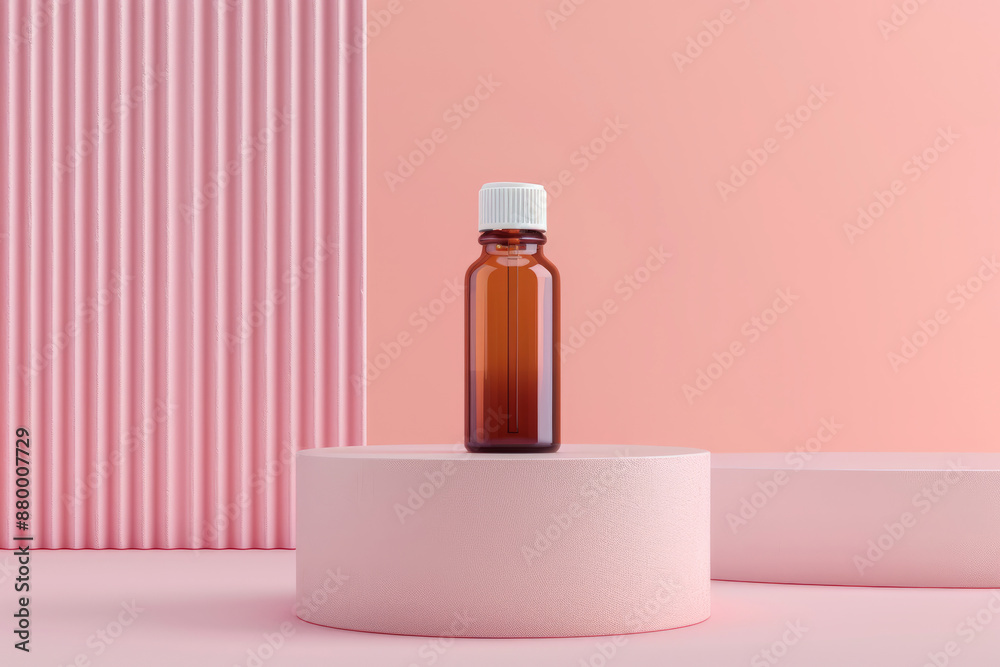 A glass medicine bottle with a white cap stands on a pink podium with space for a label, name or logo
