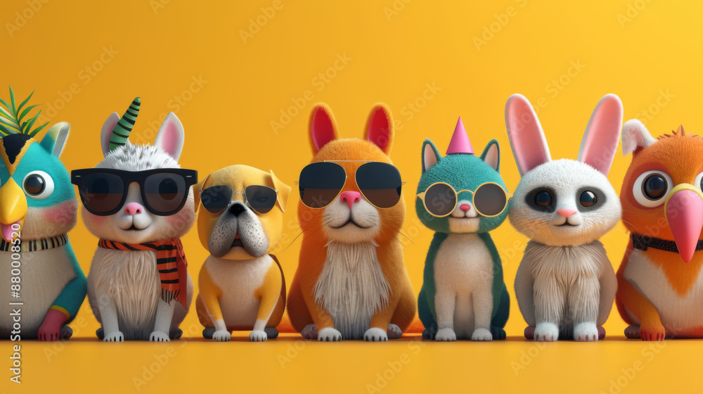 Obraz premium Group of adorable animals including dogs, cats, and rabbits, wearing sunglasses and hats, posing against a yellow background.