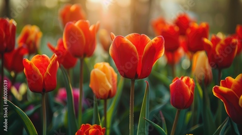 Blooming red and orange tulips in a Dutch garden during spring with sunlight