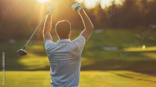 Golf Player Hands in the air after a successful shot. golfer triumphant pose.