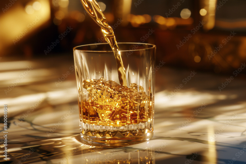 a glass filled with whiskey or pouring cognac into a glass on a table with rays close up with space for text
a glass filled with whiskey or pouring cognac into a glass on a table with rays close up with space for text