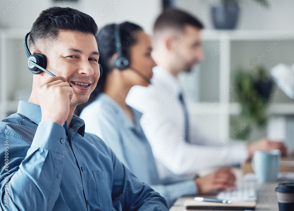 Headset, call center and people in office, smile and portrait of man, goal and happy for telemarketing. Customer service, online and group of employees on desk, agent and coworking and digital Headset, call center and people in office, smile and portrait of man, goal and happy for telemarketing. Customer service, online and group of employees on desk, agent and coworking and digital