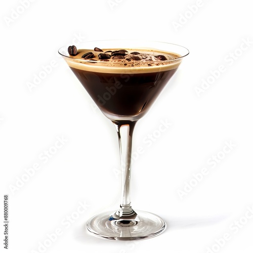 A classic espresso martini with coffee beans and vodka, in a martini glass, isolated white background