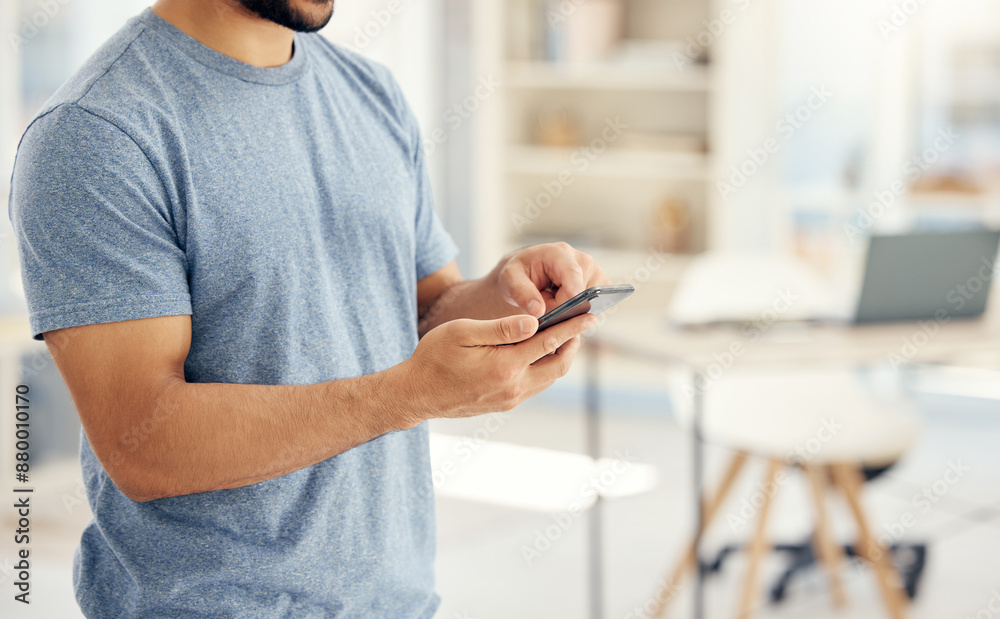 Business man, hand and phone with website for we are hiring, email newsletter and notification in office. Employee, mobile and typing for recruitment app with job link, interview call and cv update