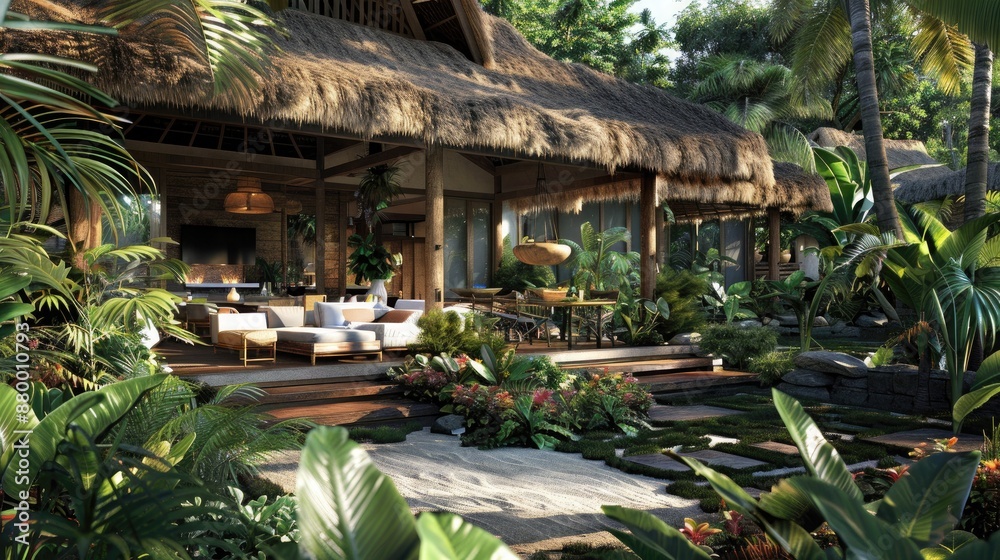 Obraz premium A luxurious tropical villa with open-air living spaces, a thatched roof, and lush gardens filled with exotic plants.