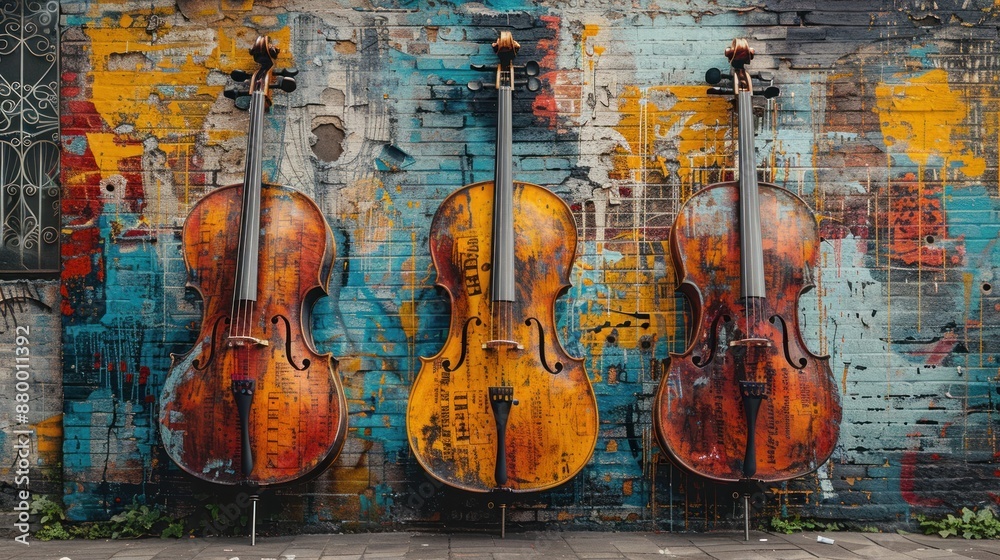 Naklejka premium Three Cellos Against a Colorful Wall
