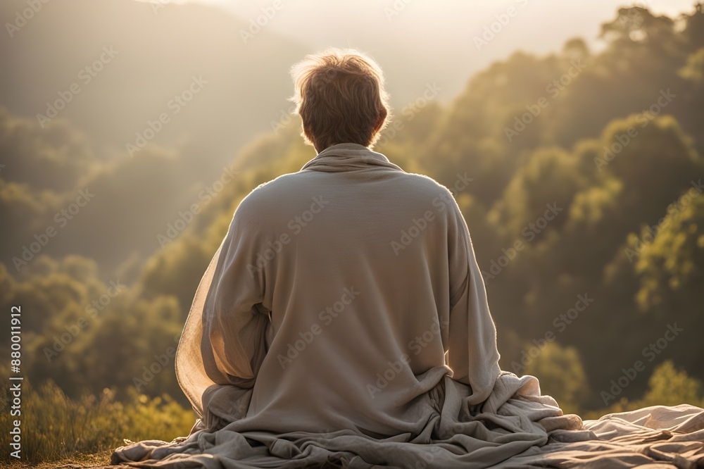 A man sitting and meditating from a position with a panoramic view,Concept of meditation for spiritual healing A man sitting and meditating from a position with a panoramic view,Concept of meditation for spiritual healing