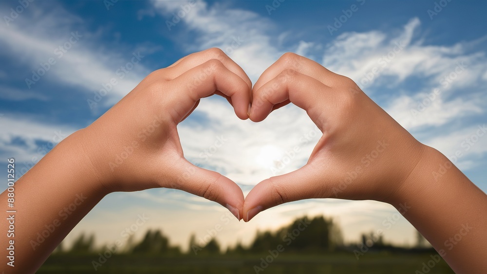 © LVSN - Close-up of child's hands forming heart shape against beautiful sky