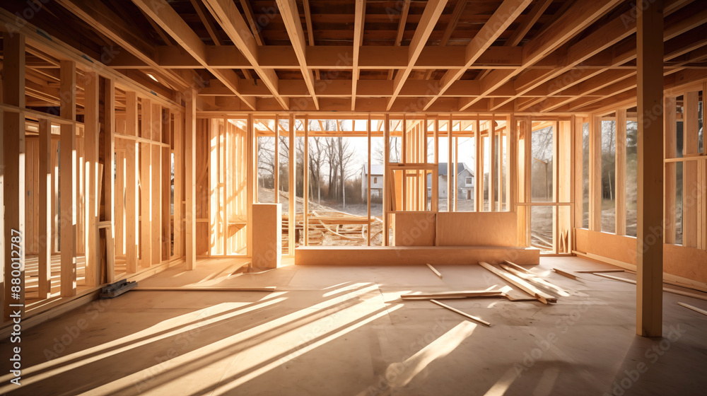 Construction of house made of wood. Unfinished building made of planks. Construction of cottage outside city Construction of house made of wood. Unfinished building made of planks. Construction of cottage outside city