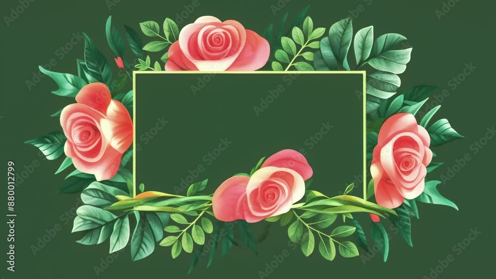 Elegant Floral Frame: Pink Roses and Green Leaves Surround a Gold Rectangle on a Green Background. Ideal for Branding, Beauty, and Nature-Inspired Designs. seamless loop animation Elegant Floral Frame: Pink Roses and Green Leaves Surround a Gold Rectangle on a Green Background. Ideal for Branding, Beauty, and Nature-Inspired Designs. seamless loop animation