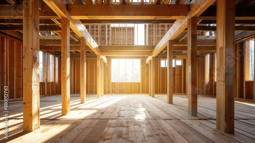 Construction of building made of wood. Interior of unfinished house. Large cottage with wooden beam supports. Home construction