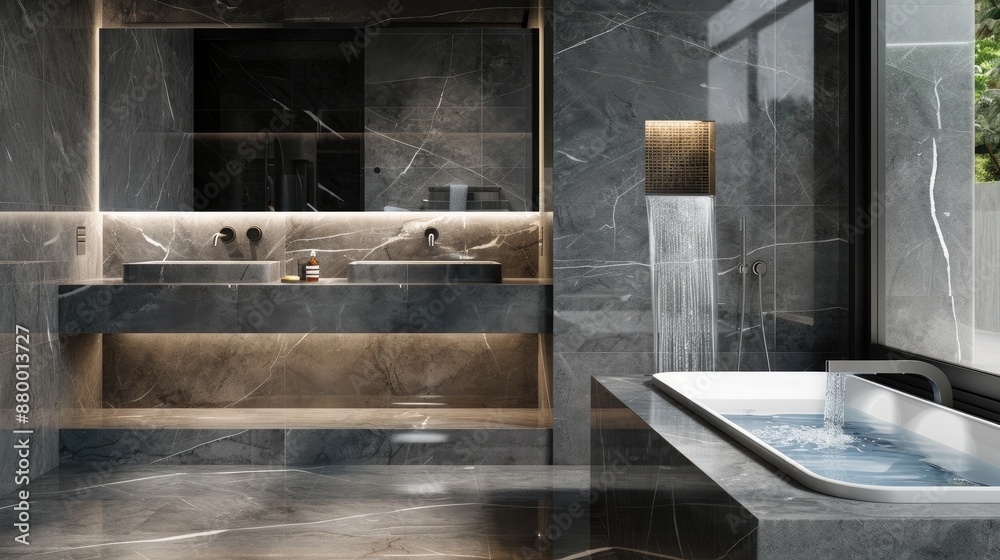 A minimalist grey marble bathroom with under-cabinet LED lighting, a sleek double vanity with touchless faucets, and a freestanding tub with a waterfall faucet.