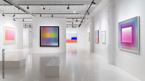 A minimalist art gallery with white walls, displaying a curated selection of bold, contemporary paintings, with subtle lighting creating an inviting atmosphere.