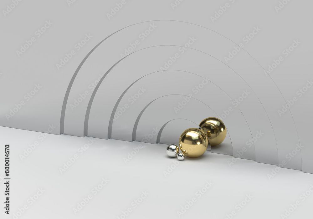Gold and silver balls on a background of geometric abstract wavy lines. 3d render on the topic of shopping, business, high cost, luxury, jewelry. Minimal modern style. Gold and silver balls on a background of geometric abstract wavy lines. 3d render on the topic of shopping, business, high cost, luxury, jewelry. Minimal modern style.