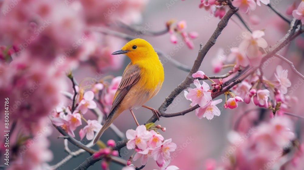 A beautiful Prothonotary warbler bird perched on a flowering tree, with pink blossoms surrounding it... A beautiful Prothonotary warbler bird perched on a flowering tree, with pink blossoms surrounding it...