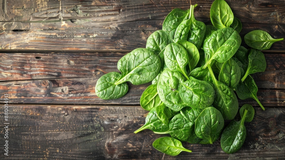 Fototapeta premium A high-resolution photo of fresh spinach leaves on a wooden surface..