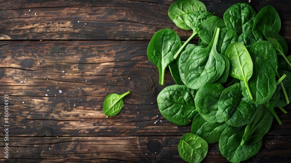 Fototapeta premium A high-resolution photo of fresh spinach leaves on a wooden surface..