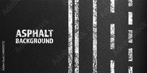 Asphalt road with white cracked lane marking, concrete highway surface, texture. Street traffic line, road dividing strip. Pattern with grainy structure, grunge stone background. Vector illustration