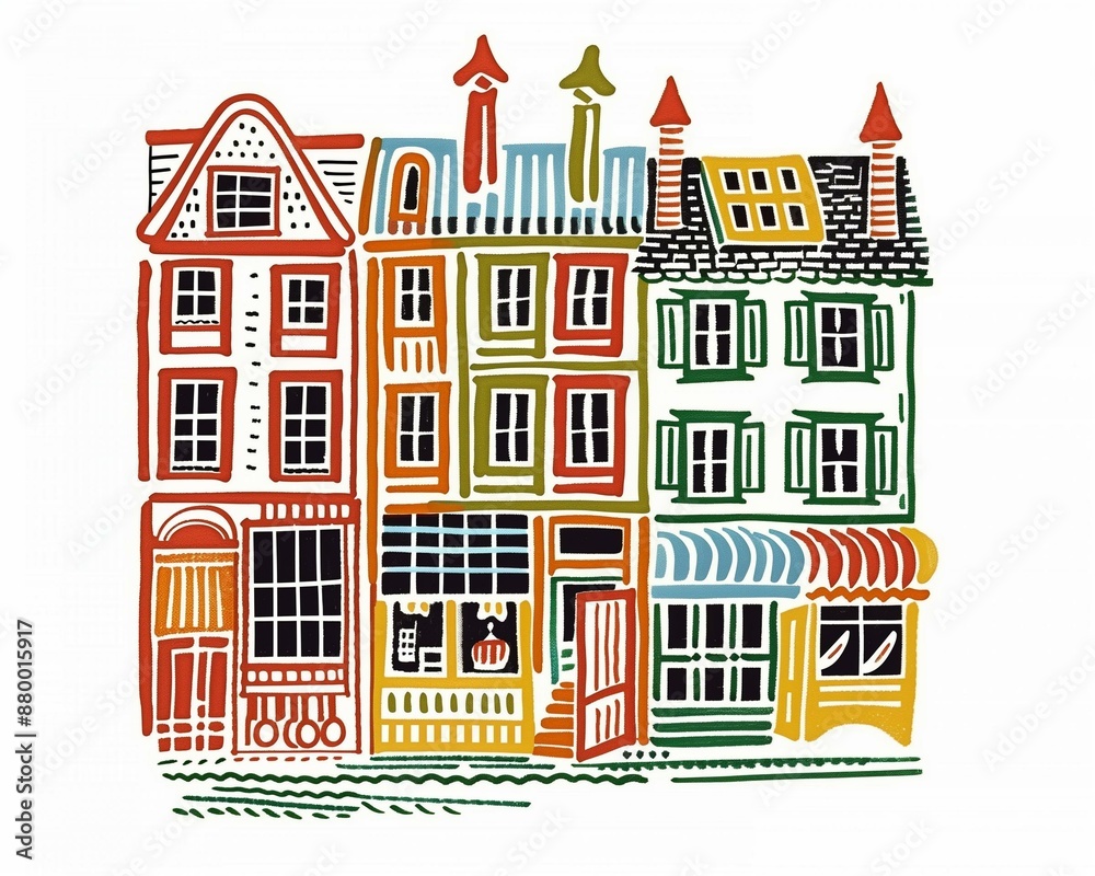 Naklejka premium Colorful Hand-Drawn Illustration of Old Town Buildings - Urban Cityscape Art Print for Home Decor, Posters, and Greeting Cards .