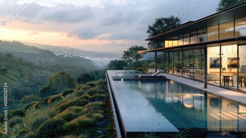 A modern glass house on a hillside, with an infinity pool overlooking a lush green valley, captured at dawn.