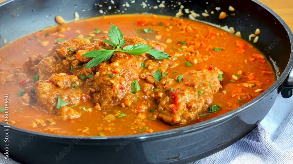 Frying pan with delicious chicken tikka masala on napkin Frying pan with delicious chicken tikka masala on napkin