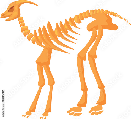 Cartoon orange parasaurolophus dinosaur skeleton standing on two legs