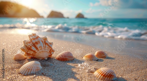 Seashells on the Beach with Ocean Background Realistic Image