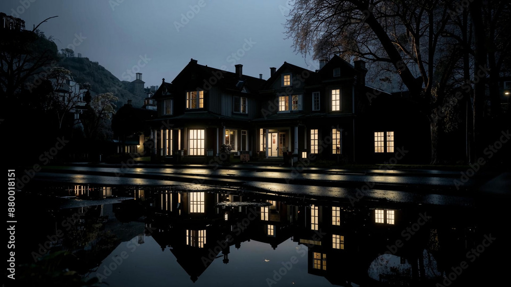 Obraz premium nighttime view of a house with a reflection in a puddle