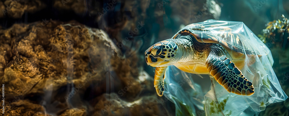 Closeup of a sea turtle caught in a plastic bag underwater highlighting the global issue of plastic pollution and the need for environmental conservation efforts to protect marine life and ecosystems Closeup of a sea turtle caught in a plastic bag underwater highlighting the global issue of plastic pollution and the need for environmental conservation efforts to protect marine life and ecosystems