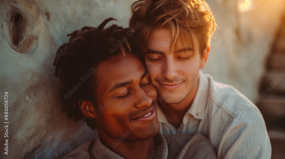 Two gay men in love sharing an intimate, romantic moment in an interracial relationship Two gay men in love sharing an intimate, romantic moment in an interracial relationship