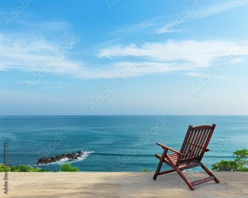 Serene Oceanfront Landscape A Tranquil Escape for Relaxation and Leisure, Coastal View with a Single Chair overlooking the Vast Blue Horizon © pisan