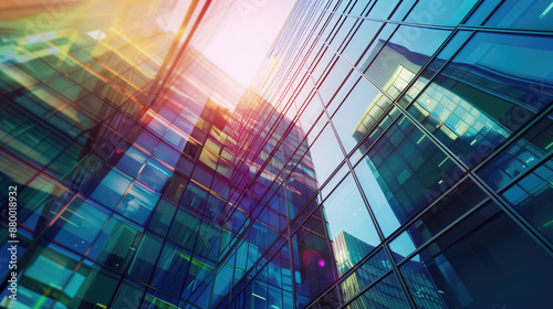 Modern glass skyscrapers at sunset, reflecting urban cityscape. Business, architecture, success concept.