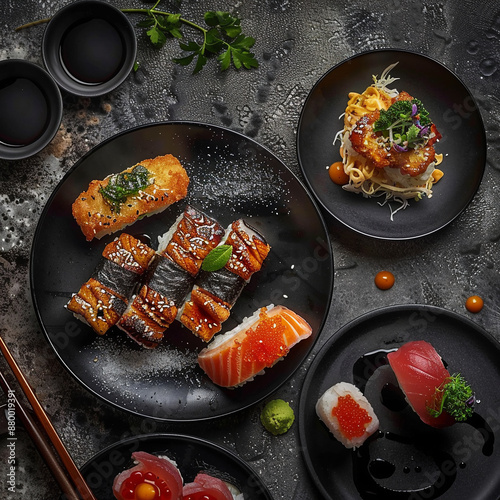 An Authentic Izakaya Food Experience: A Vibrant Selection of Traditional Japanese Dishes. Perfect for use in restaurant menus, culinary blogs, food promotions, and cultural showcases.