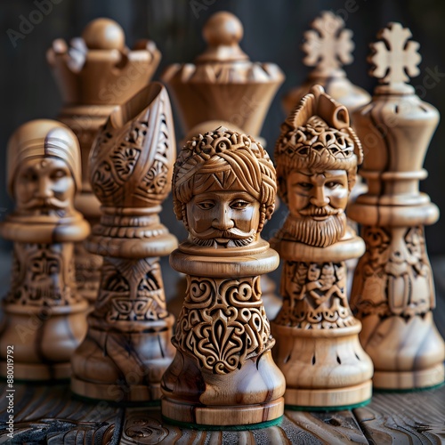 Intricately Carved Wooden Chess Pieces