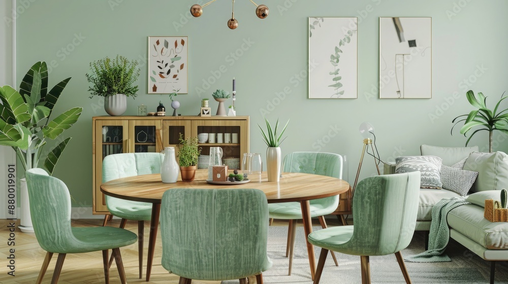 A modern living space with mint chairs around a round wooden dining table, a mid-century style sofa, and a minimalist cabinet near a light green wall, decorated with potted plants and art pieces. A modern living space with mint chairs around a round wooden dining table, a mid-century style sofa, and a minimalist cabinet near a light green wall, decorated with potted plants and art pieces.
