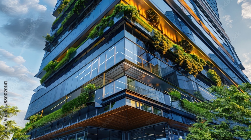 A modern office tower with an eye-catching glass and steel exterior, featuring unique architectural elements such as cantilevered sections and vertical gardens. A modern office tower with an eye-catching glass and steel exterior, featuring unique architectural elements such as cantilevered sections and vertical gardens.