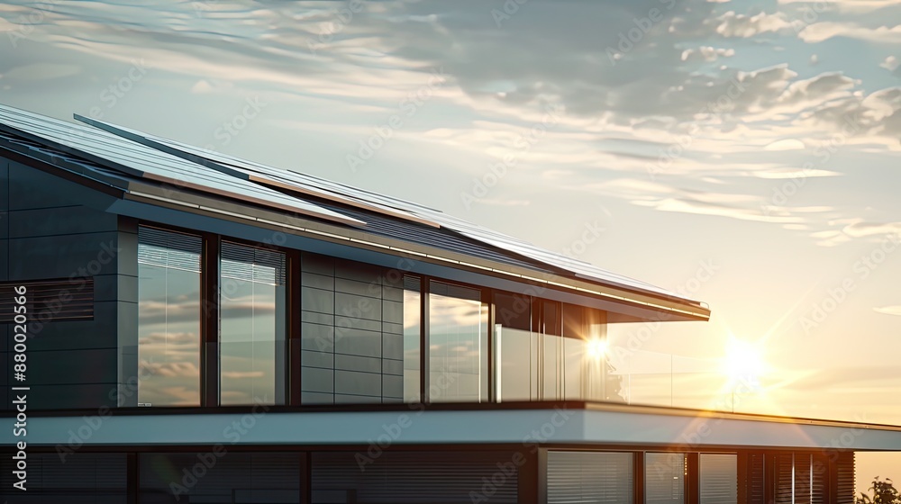 A modern suburban house with sleek architecture and solar panels glistening on the roof under the sun. A modern suburban house with sleek architecture and solar panels glistening on the roof under the sun.