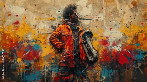 Saxophone Player Against Vibrant Splashes of Color