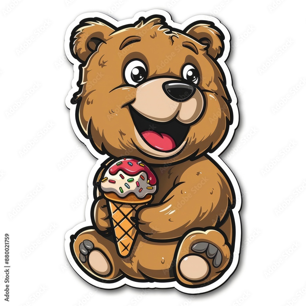 cartoon bear with ice cream cone and sprinkles sticker, white background, simple Q version of the cartoon character stickers