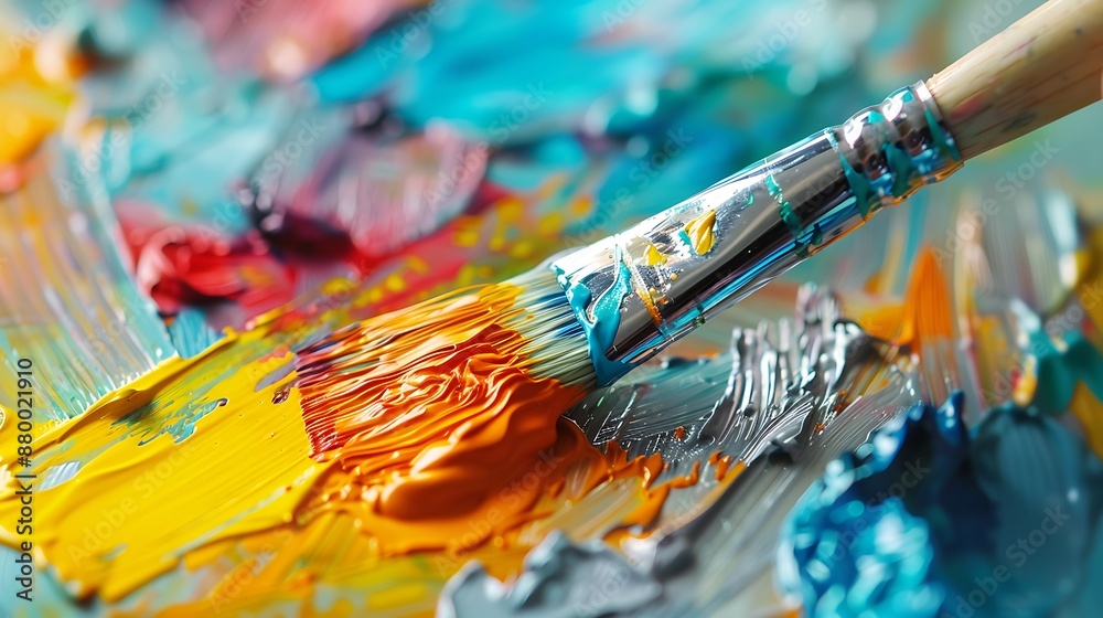 Fototapeta premium Close-up of a paintbrush mixing yellow and orange paint on a palette.