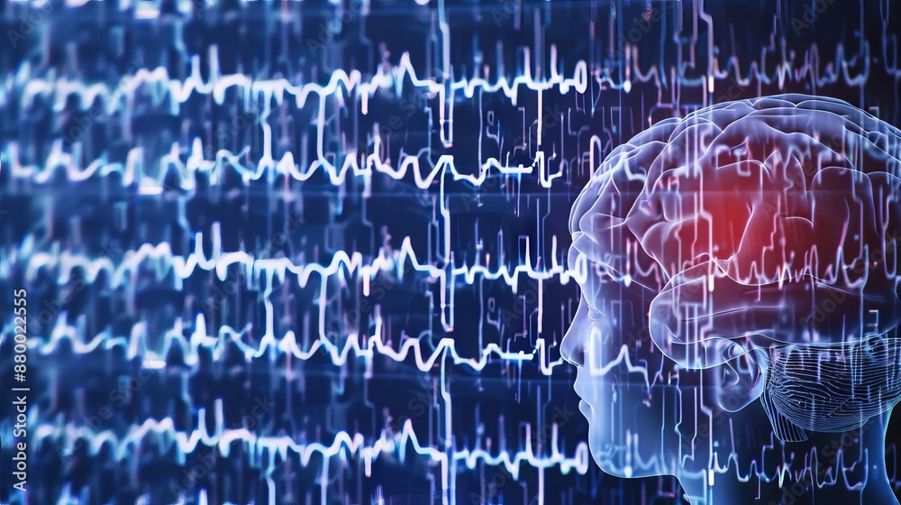 Brain scan with EEG waves showing brain activity.