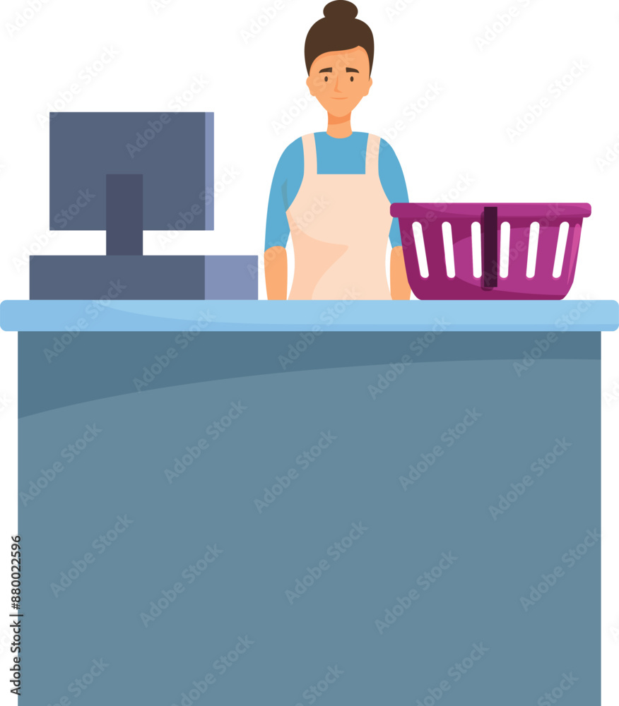 Dry cleaning service worker standing at the counter with a computer and a basket Dry cleaning service worker standing at the counter with a computer and a basket
