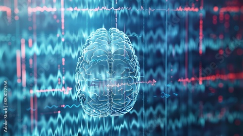 A 3D rendering of a human brain on a medical monitor with a heartbeat pattern.