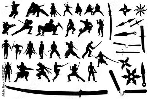 Set of Ninja silhouette vector illustration. Ninja Japanese warrior silhouettes. Ninja silhouette isolated on white background.