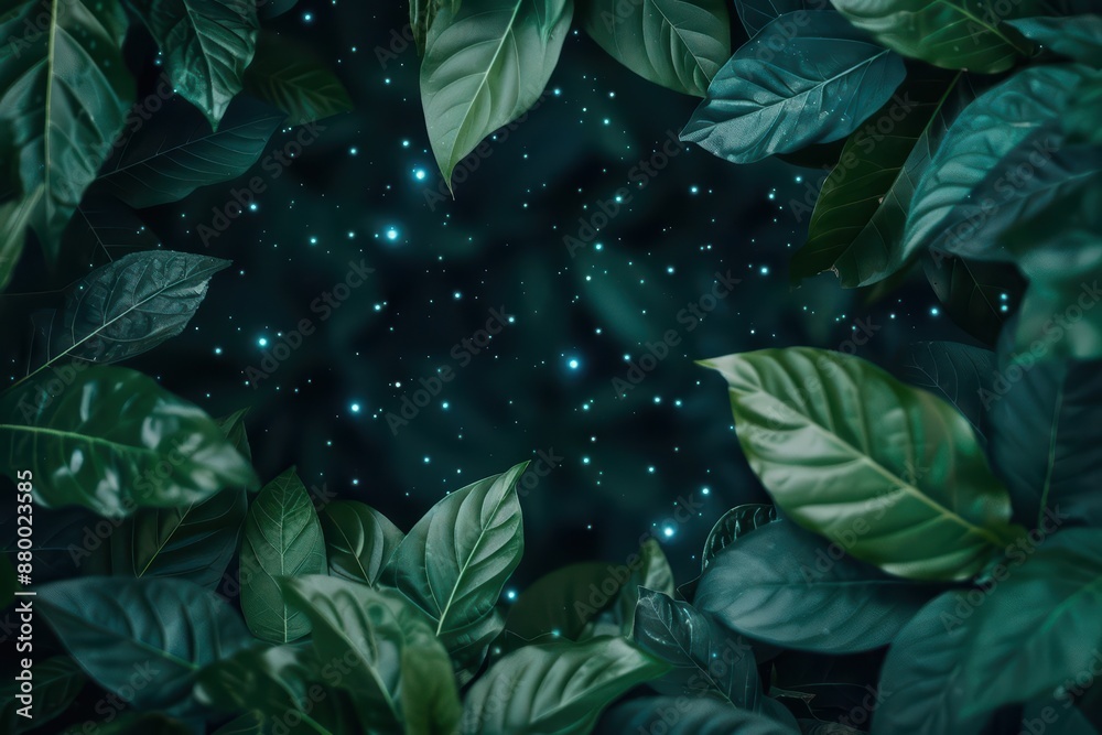 Fototapeta premium A celestial garden where stars blossom like flowers amidst lush greenery with copy space, high tech